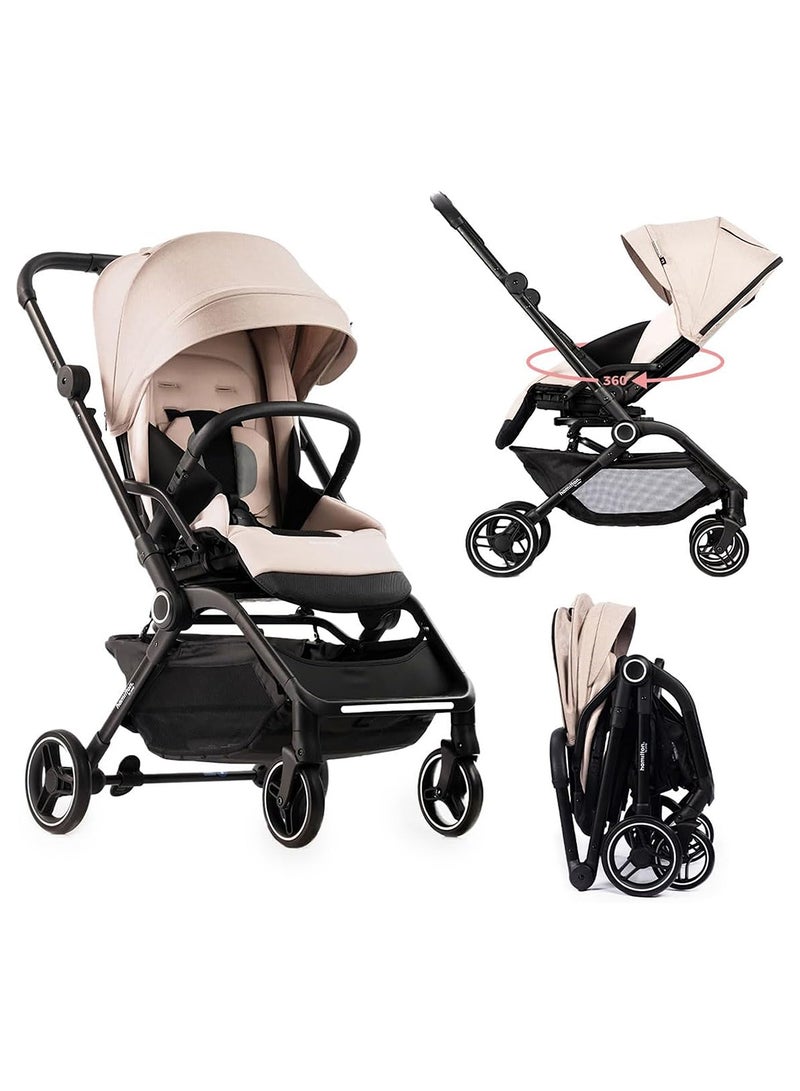 Hamilton T1 Stroller Khaki 360° Turnable Flat Seat MagicFold Birth to 22kg Pet Convertible SPF 50+ Canopy Magnetic Buckle XL Storage Lightweight Premium Leatherette - Image 1