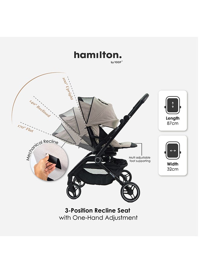 Hamilton - 360° Rotating Seat – MagicFold™ Technology, Foldable, Reflective Wheels with Suspension, Includes Protective Bag and Cup Holder, Adjustable and Manoeuvrable Pushchair – Lightweight Stroller – Folding Buggy – Khaki - Image 1