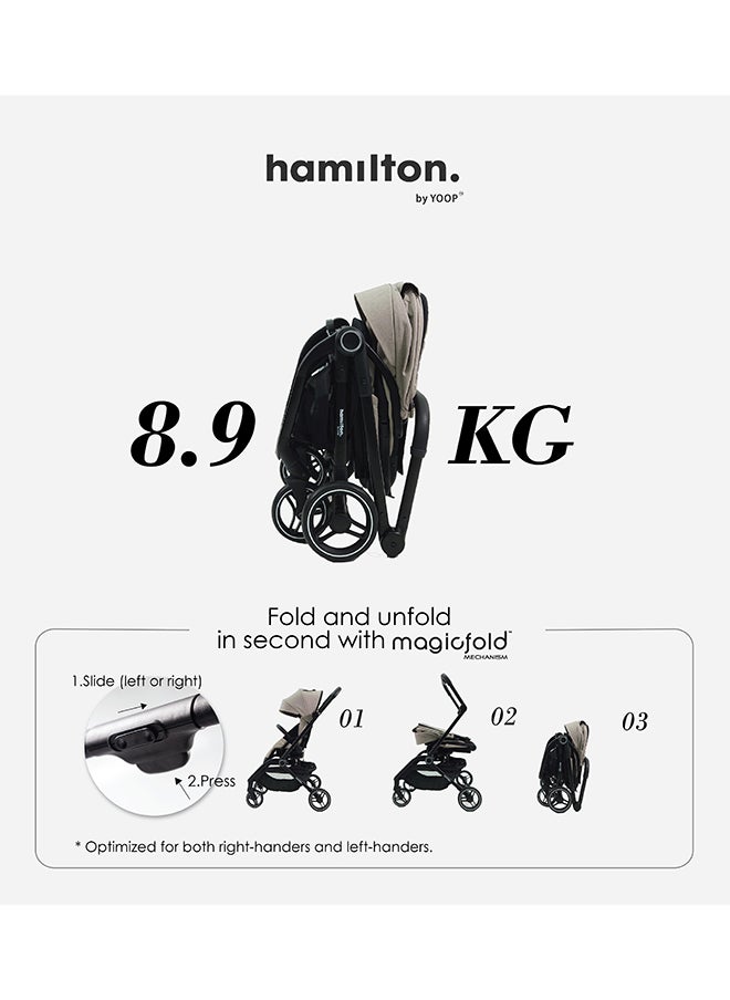 Hamilton - 360° Rotating Seat – MagicFold™ Technology, Foldable, Reflective Wheels with Suspension, Includes Protective Bag and Cup Holder, Adjustable and Manoeuvrable Pushchair – Lightweight Stroller – Folding Buggy – Khaki - Image 1