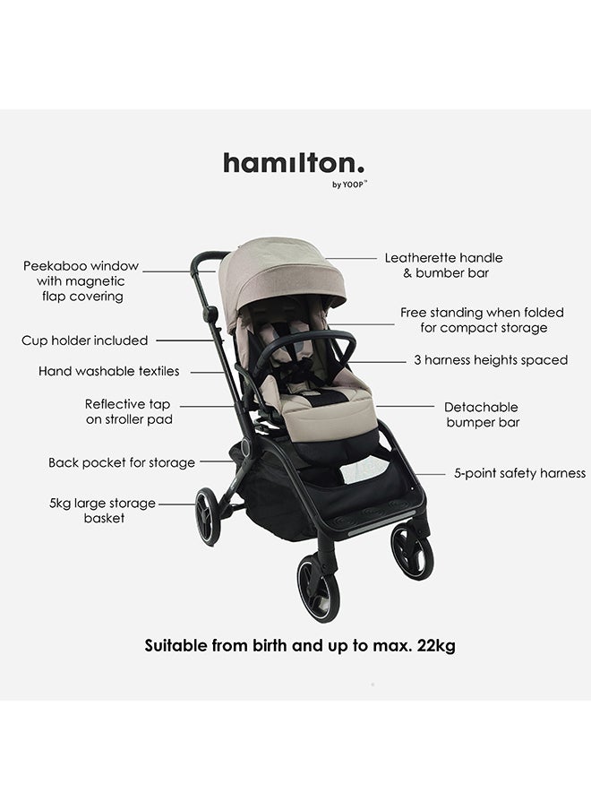 Hamilton - 360° Rotating Seat – MagicFold™ Technology, Foldable, Reflective Wheels with Suspension, Includes Protective Bag and Cup Holder, Adjustable and Manoeuvrable Pushchair – Lightweight Stroller – Folding Buggy – Khaki - Image 1