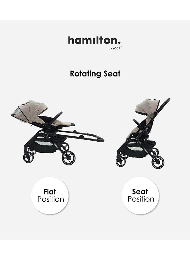 Hamilton - 360° Rotating Seat – MagicFold™ Technology, Foldable, Reflective Wheels with Suspension, Includes Protective Bag and Cup Holder, Adjustable and Manoeuvrable Pushchair – Lightweight Stroller – Folding Buggy – Khaki - Image 1