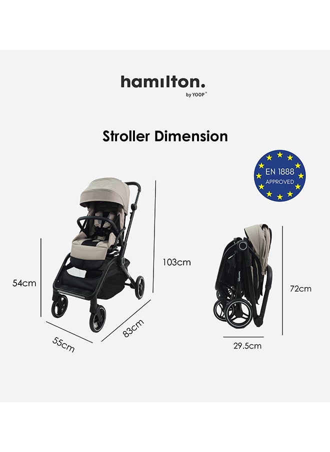 Hamilton - 360° Rotating Seat – MagicFold™ Technology, Foldable, Reflective Wheels with Suspension, Includes Protective Bag and Cup Holder, Adjustable and Manoeuvrable Pushchair – Lightweight Stroller – Folding Buggy – Khaki - Image 1