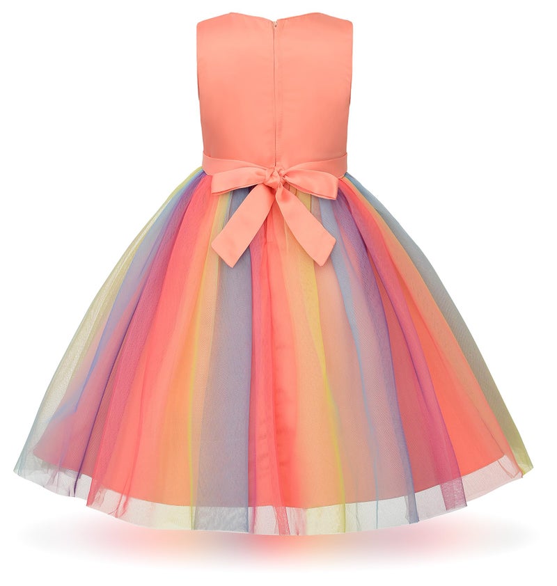 Uhnice Little Girl's Sequin Sleeveless Mesh Rainbow Dress for Wedding Party (Peach, 7-8/150) - Image 3