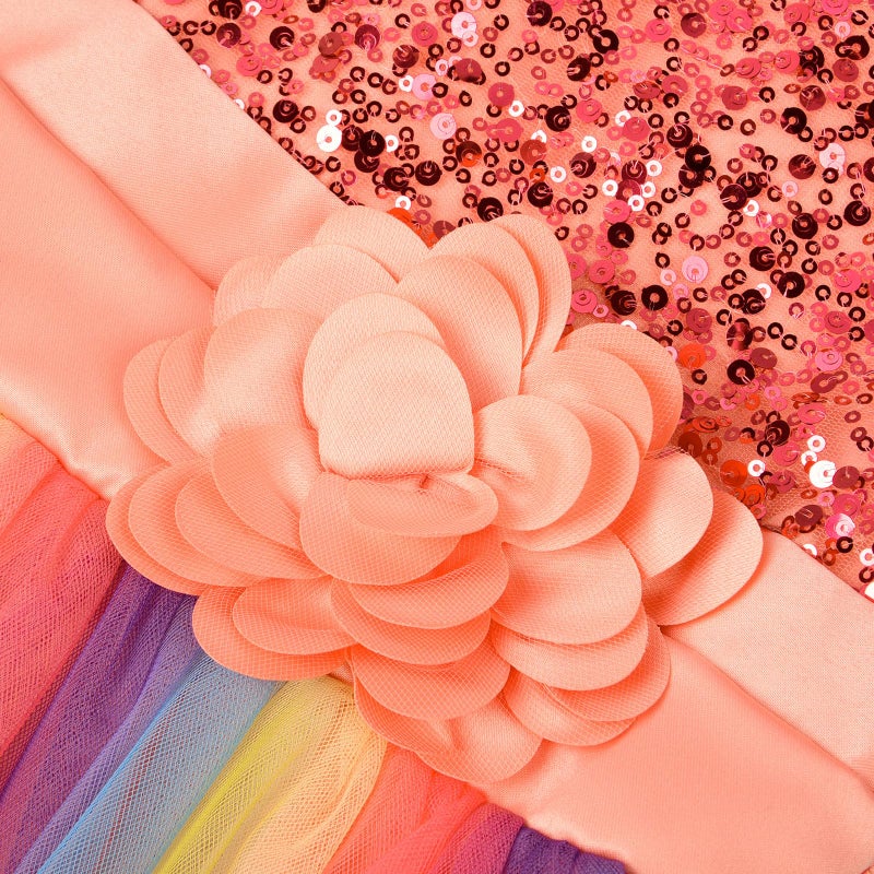 Uhnice Little Girl's Sequin Sleeveless Mesh Rainbow Dress for Wedding Party (Peach, 7-8/150) - Image 4