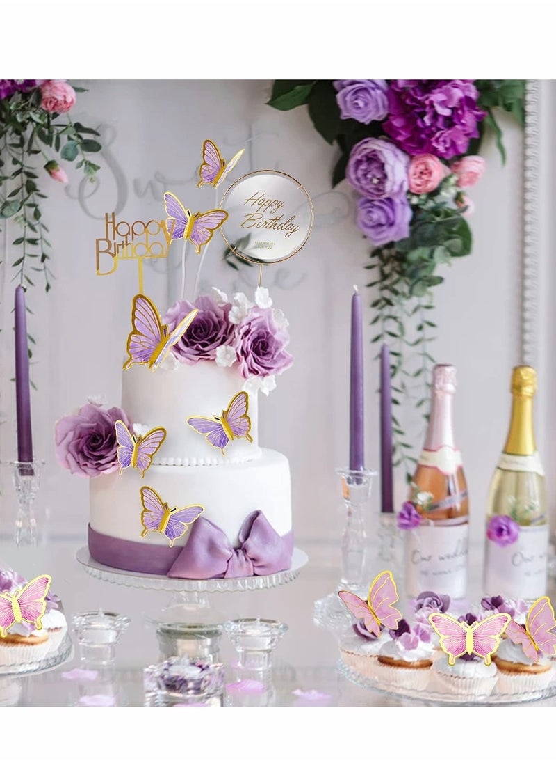 Generic - 22-Piece Butterfly Cake Decoration Set with Happy Birthday Acrylic Toppers for Girls Baby Showers and Wedding Parties - Image 1