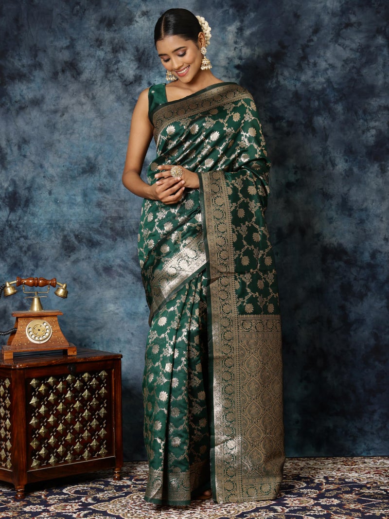 EthnicJunction Women's Bottle Green Banarasi Silk Blend Woven Saree With Blouse Piece | Wedding Saree - Image 2