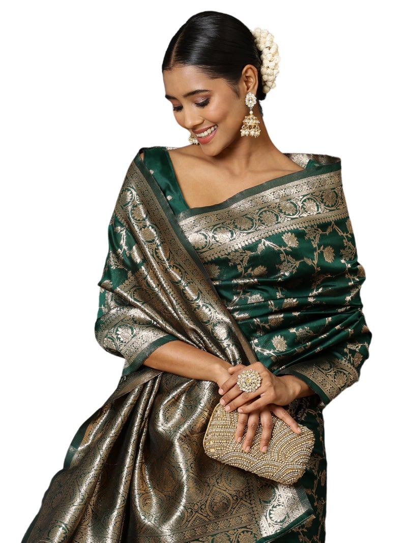 EthnicJunction Women's Bottle Green Banarasi Silk Blend Woven Saree With Blouse Piece | Wedding Saree - Image 1