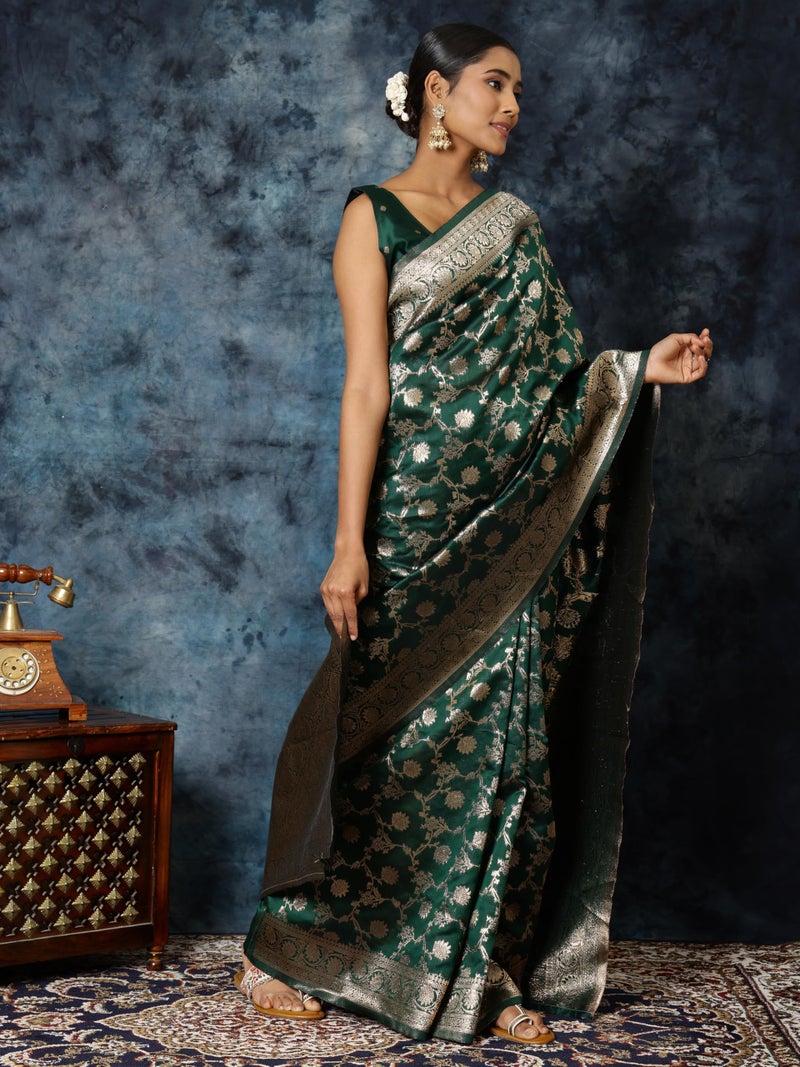EthnicJunction Women's Bottle Green Banarasi Silk Blend Woven Saree With Blouse Piece | Wedding Saree - Image 5