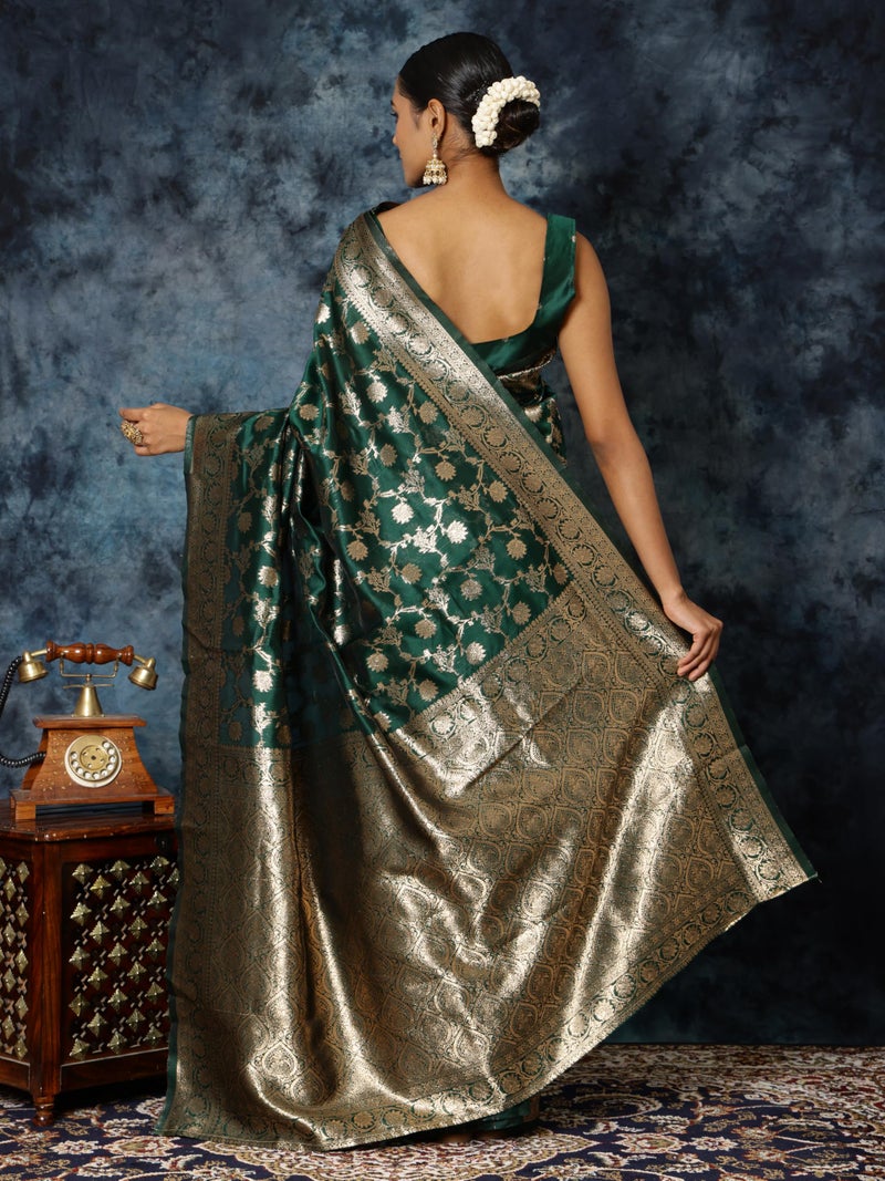 EthnicJunction Women's Bottle Green Banarasi Silk Blend Woven Saree With Blouse Piece | Wedding Saree - Image 4