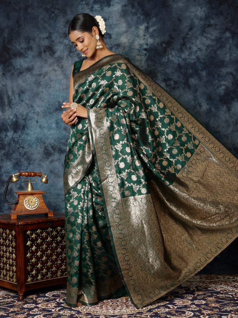 EthnicJunction Women's Bottle Green Banarasi Silk Blend Woven Saree With Blouse Piece | Wedding Saree - Image 3