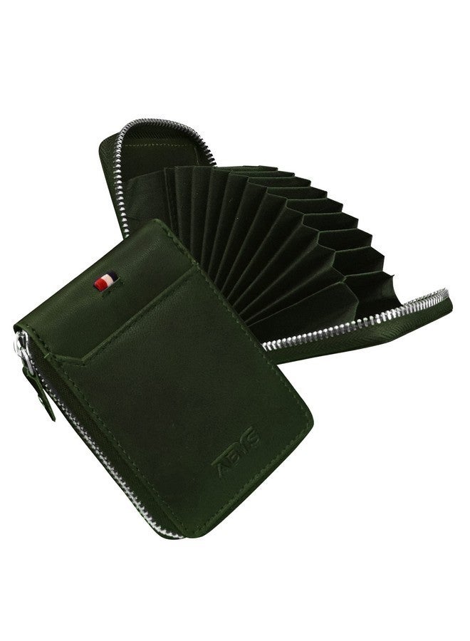ABYS Genuine Leather RFID Plain Olive Card Holder for Men & Women, Metallic Zipper Closure,Credit & ATM Card Wallet - Image 1
