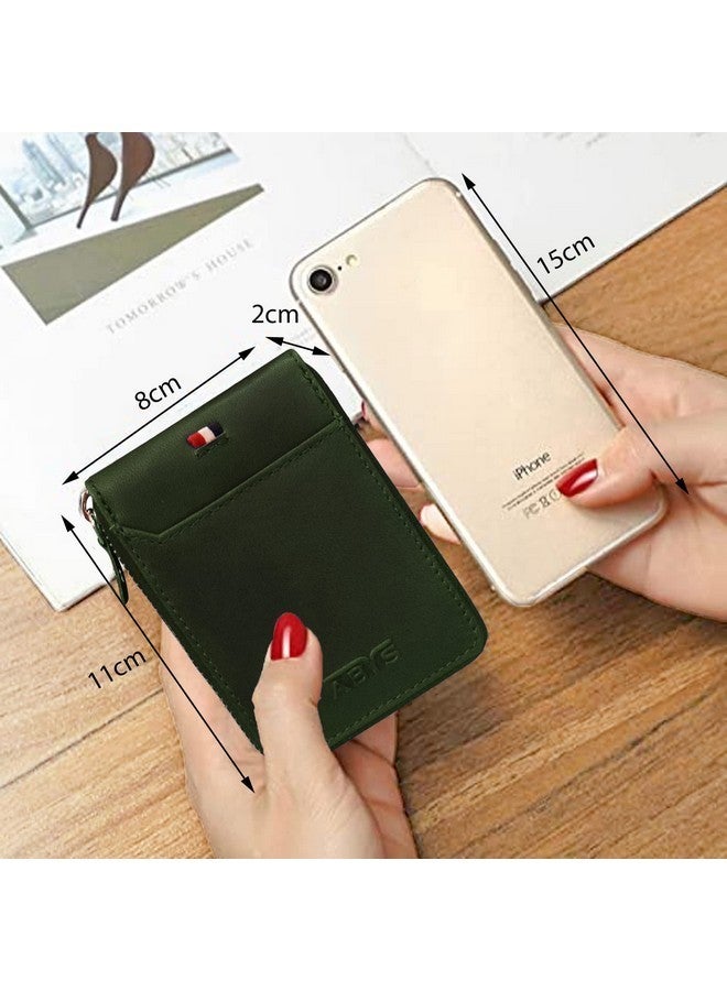 ABYS Genuine Leather RFID Plain Olive Card Holder for Men & Women, Metallic Zipper Closure,Credit & ATM Card Wallet - Image 2