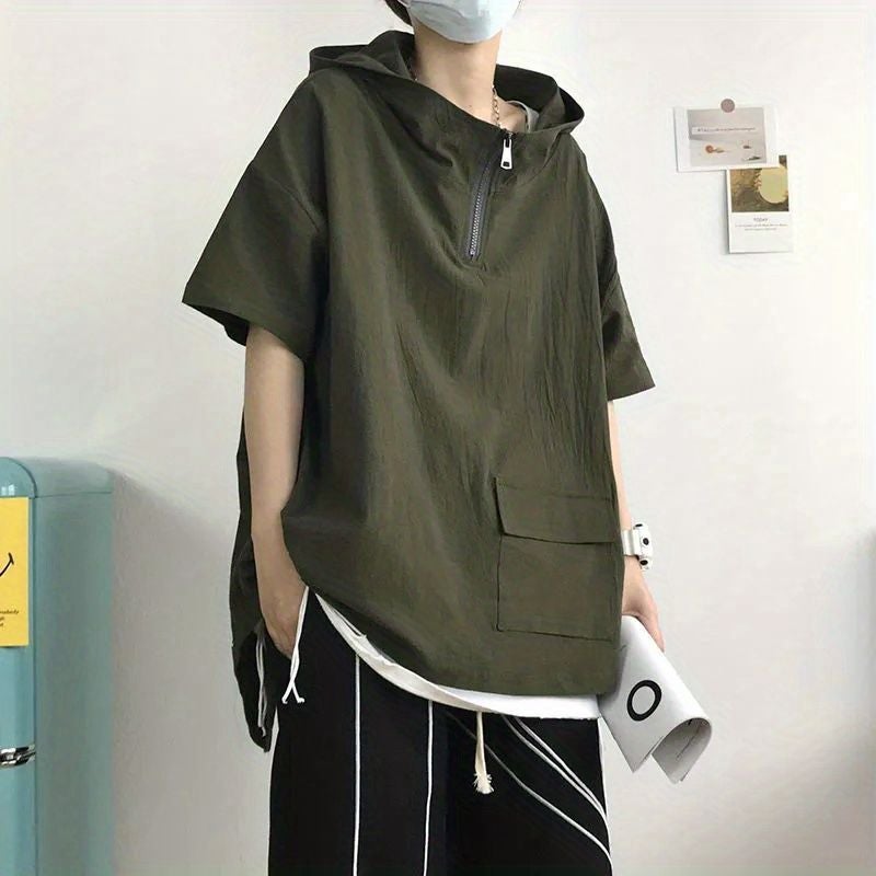 Famous craftsman American short-sleeved T-shirt men's fashion brand ins summer thin loose half-sleeve fashion half-zipper hooded - Image 2