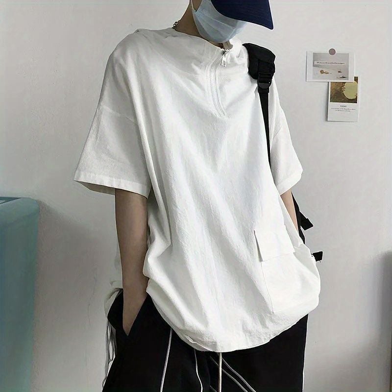 Famous craftsman American short-sleeved T-shirt men's fashion brand ins summer thin loose half-sleeve fashion half-zipper hooded - Image 3