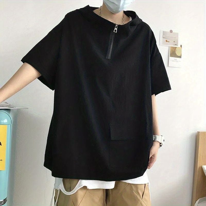 Famous craftsman American short-sleeved T-shirt men's fashion brand ins summer thin loose half-sleeve fashion half-zipper hooded - Image 1
