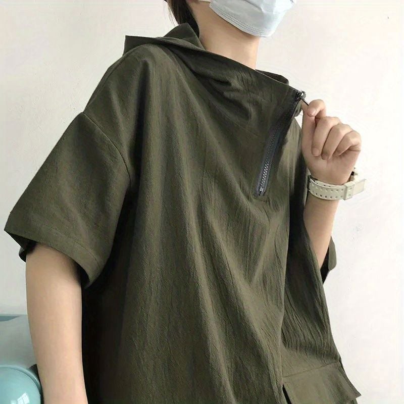 Famous craftsman American short-sleeved T-shirt men's fashion brand ins summer thin loose half-sleeve fashion half-zipper hooded - Image 4