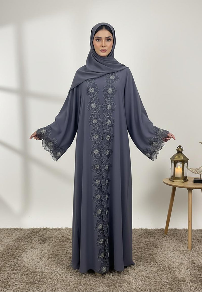 NUKHBAA عباءة ليلى الدانتيل مع بطانة متطابقة - قماش نيدا-2P836 - Image 1