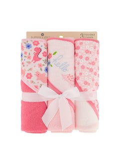 Cudlie Buttons & Stitches Baby Girl 3 Pack Rolled/Carded Hooded Towels In Butterfly Polka Prin - Hello Floral Dino  - Image 2