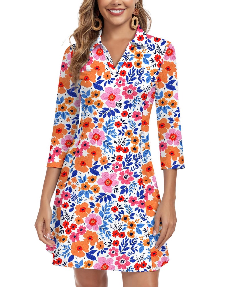 WOWENY 3/4 Sleeve Dress for Women with Pockets V Neck UPF 50+ Casual Sun Dress Breathable Quick Dry Beach Vacation (Floral, M) - Image 1