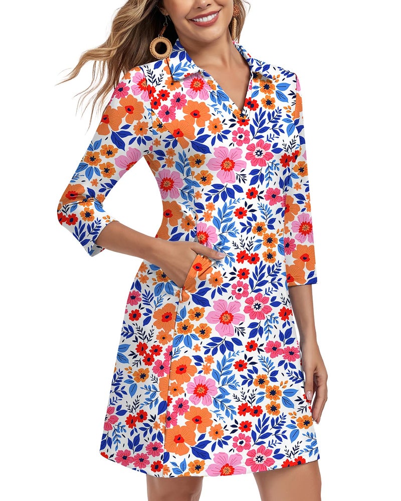 WOWENY 3/4 Sleeve Dress for Women with Pockets V Neck UPF 50+ Casual Sun Dress Breathable Quick Dry Beach Vacation (Floral, M) - Image 2