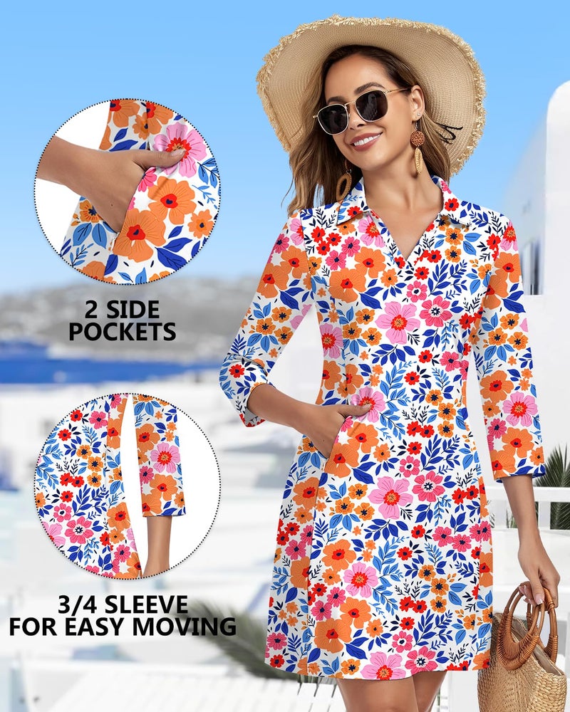 WOWENY 3/4 Sleeve Dress for Women with Pockets V Neck UPF 50+ Casual Sun Dress Breathable Quick Dry Beach Vacation (Floral, M) - Image 4