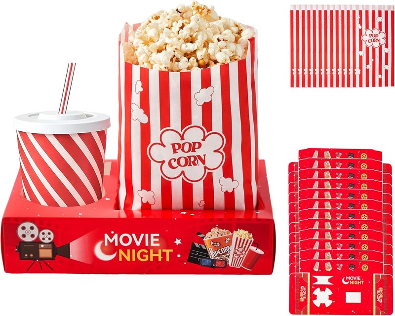 RAYMEA 24Pcs Movie Night Supplies Disposable Paper Movie Snack Trays (12ct) and Retro Style Large Capacity Popcorn Bags(12ct), Drink & Candy Snack Boxes for Cinema Family Birthday Parties - Image 1