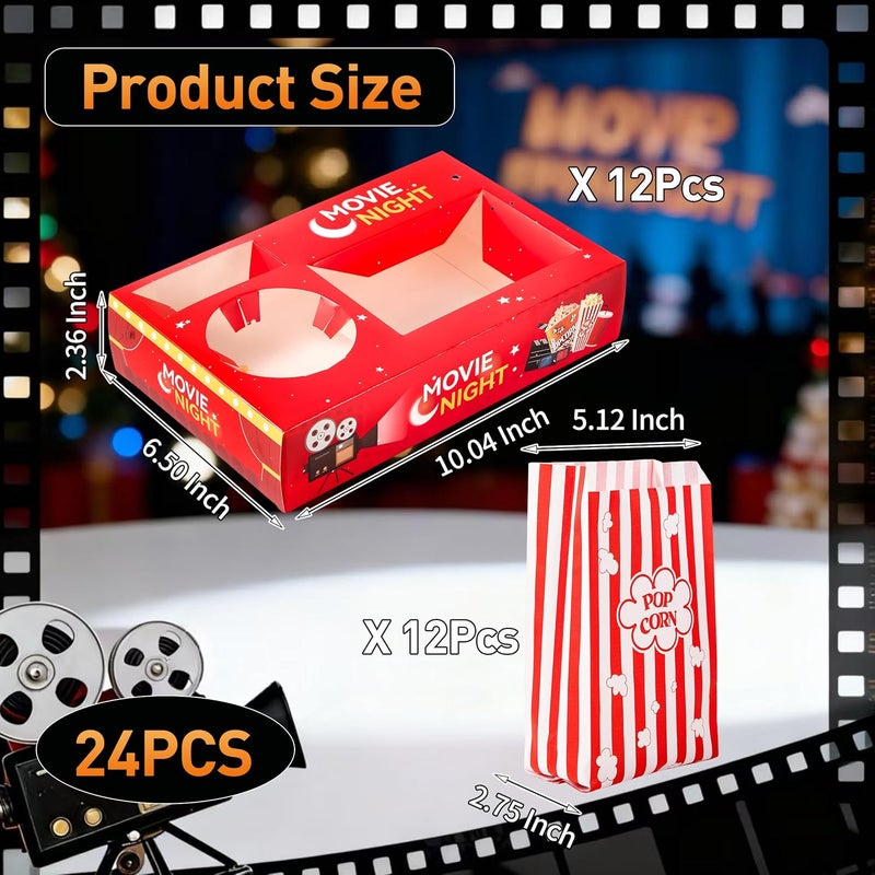 RAYMEA 24Pcs Movie Night Supplies Disposable Paper Movie Snack Trays (12ct) and Retro Style Large Capacity Popcorn Bags(12ct), Drink & Candy Snack Boxes for Cinema Family Birthday Parties - Image 5