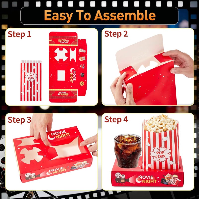 RAYMEA 24Pcs Movie Night Supplies Disposable Paper Movie Snack Trays (12ct) and Retro Style Large Capacity Popcorn Bags(12ct), Drink & Candy Snack Boxes for Cinema Family Birthday Parties - Image 3