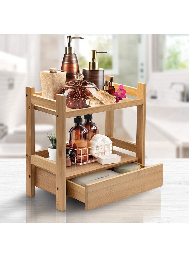 Sorbus رف مضاد للبكتيريا من الخيزران بطبقتين مع درج مخفي - منظم مكياج - تخزين متعدد الأغراض للعناية بالبشرة، مستحضرات التجميل، المكتب - رف عرض لكونتر الحمام، المطبخ، المكتب - Image 2