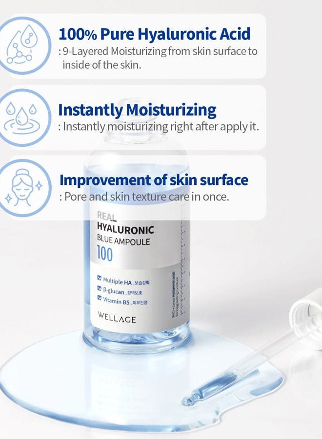 WELLAGE Real Hyaluronic Blue Ampoule 100, Fragrance Free Hyaluronic Acid Ampoule, Hydrating Non Sticky Serum for Sensitive Dry Skin, 2.54 fl.oz