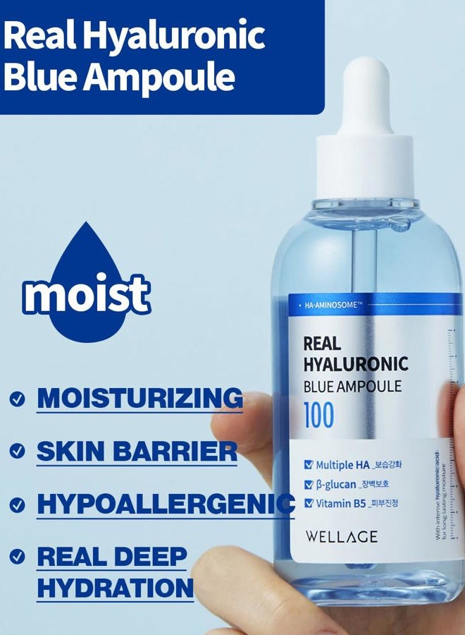 WELLAGE Real Hyaluronic Blue Ampoule 100, Fragrance Free Hyaluronic Acid Ampoule, Hydrating Non Sticky Serum for Sensitive Dry Skin, 2.54 fl.oz