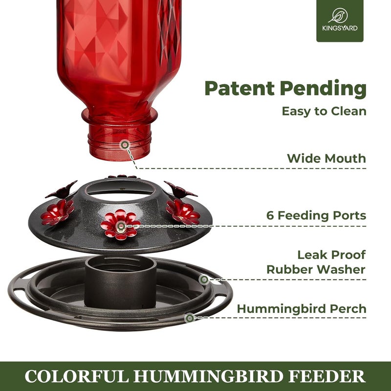 Kingsyard 2 Pack Glass Hummingbird Feeder for Outdoor Hanging, 24 Ounces, 6 Feeding Ports, Bird Nectar Feeder for Garden Décor, Ant Moat Included, Red - Image 3
