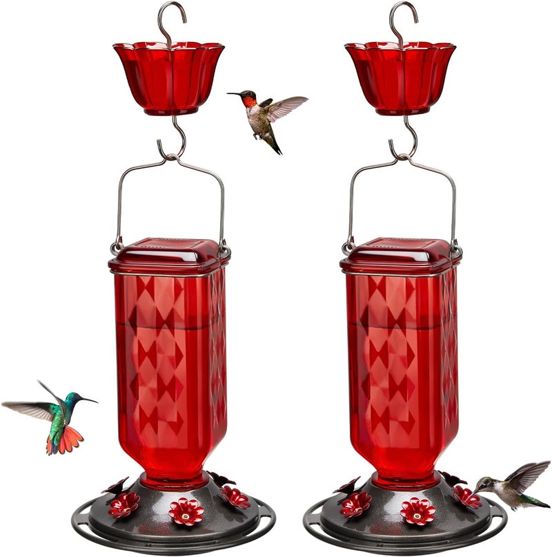 Kingsyard 2 Pack Glass Hummingbird Feeder for Outdoor Hanging, 24 Ounces, 6 Feeding Ports, Bird Nectar Feeder for Garden Décor, Ant Moat Included, Red - Image 1