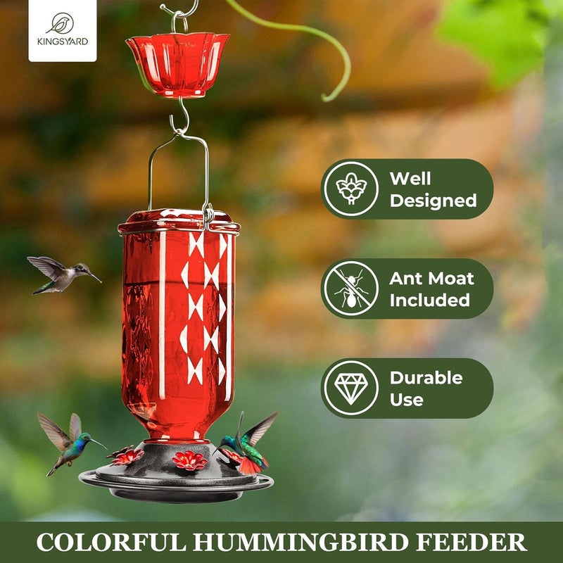 Kingsyard 2 Pack Glass Hummingbird Feeder for Outdoor Hanging, 24 Ounces, 6 Feeding Ports, Bird Nectar Feeder for Garden Décor, Ant Moat Included, Red - Image 2