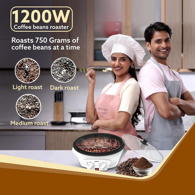 AGARO AGARO Regal Coffee Roaster 750 Grams Capacity 283mm Dia Ceramic Coated Inner Pan 3 Roasting Effect With Adjustable Temperature Timer 1200W Stainless Steel Blade Toughened Glass Lid White  - Image 3