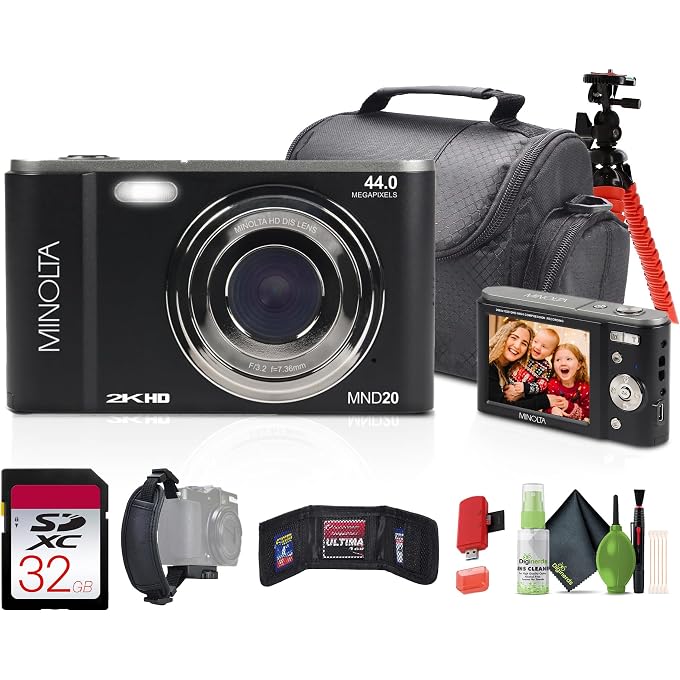 Minolta MND20 44 MP / 2.7K Quad HD Digital Camera (Black) + 32GB Memory Card + 12 inch Flexible Tripod + Memory Card Wallet + USB Card Reader, SD/microSD + More - Image 1