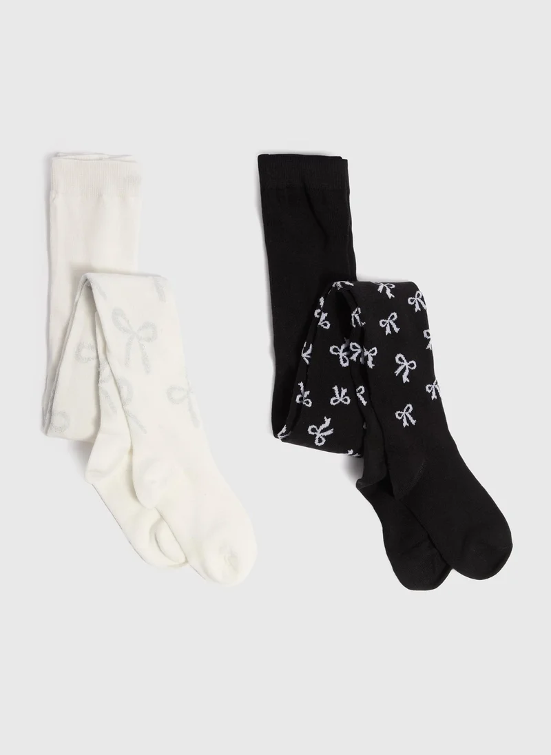 Matalan 2 Pack Girls Black Mono Bow Tights