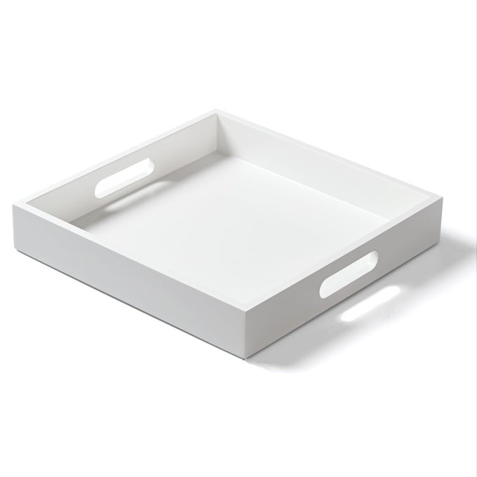 WHITE WOODEN SERVING TRAY WITH HANDLES 12X12X2H SQUARE COUNTERTOP ORGANIZER TRAY DECORATIVE COSMETICS TRAYS FOR KITCHEN BATHROOM STURDY FOOD TRAYS FOR BREAKFAST TEA