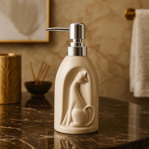 Whizzo Ceramic Cat Design Soap Dispenser with Chrome Pump | Refillable Lotion & Hand Wash Bottle for Bathroom & Kitchen (360ML, LD-201-Cat, Beige) - Image 1