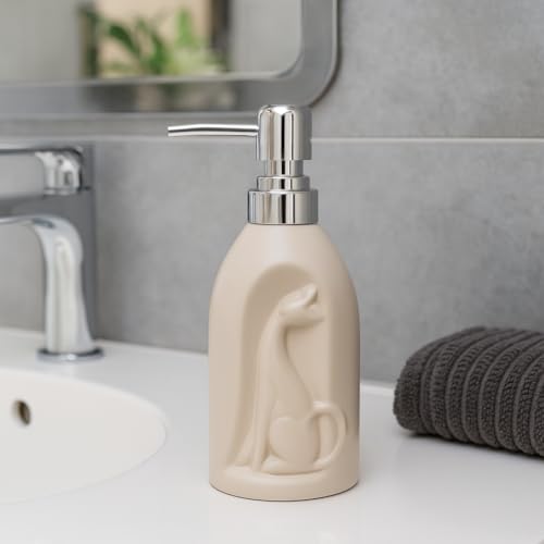 Whizzo Ceramic Cat Design Soap Dispenser with Chrome Pump | Refillable Lotion & Hand Wash Bottle for Bathroom & Kitchen (360ML, LD-201-Cat, Beige) - Image 2