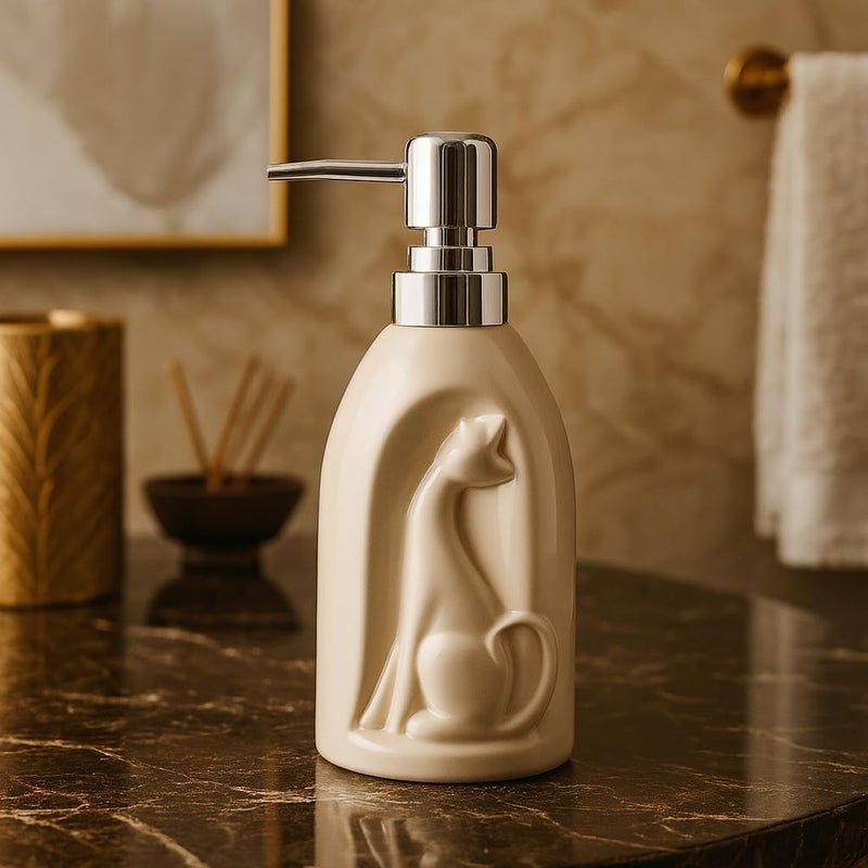 Whizzo Ceramic Cat Design Soap Dispenser with Chrome Pump | Refillable Lotion & Hand Wash Bottle for Bathroom & Kitchen (360ML, LD-201-Cat, Beige) - Image 5