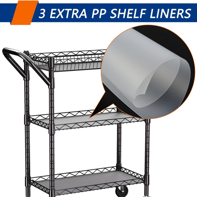 REGILLER 3 Tier Heavy Duty Rolling Utility Cart,18" D x 23.8" W x 36.6" H Rolling Carts with Wheels,Commercial Grade Metal with Handle Bar & Shelf Liner,Trolley Serving Storage Cart for Kitchen Black - Image 5