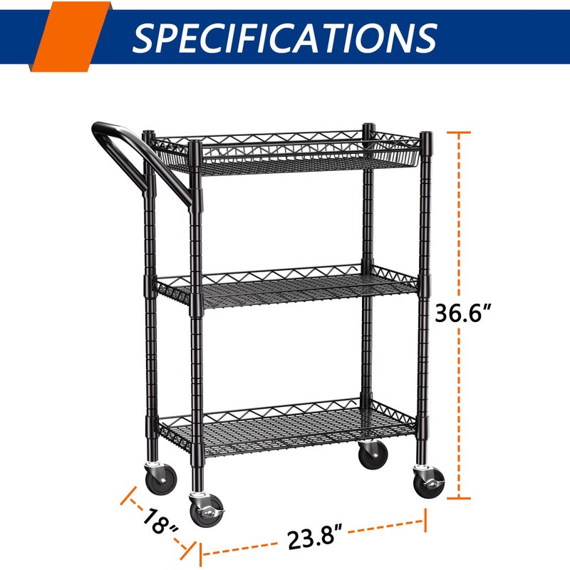 REGILLER 3 Tier Heavy Duty Rolling Utility Cart,18" D x 23.8" W x 36.6" H Rolling Carts with Wheels,Commercial Grade Metal with Handle Bar & Shelf Liner,Trolley Serving Storage Cart for Kitchen Black - Image 3