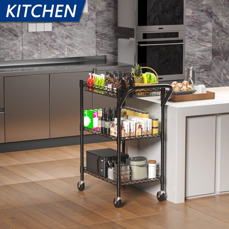 REGILLER 3 Tier Heavy Duty Rolling Utility Cart,18" D x 23.8" W x 36.6" H Rolling Carts with Wheels,Commercial Grade Metal with Handle Bar & Shelf Liner,Trolley Serving Storage Cart for Kitchen Black - Image 4