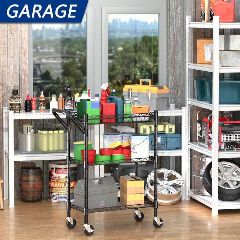 REGILLER 3 Tier Heavy Duty Rolling Utility Cart,18" D x 23.8" W x 36.6" H Rolling Carts with Wheels,Commercial Grade Metal with Handle Bar & Shelf Liner,Trolley Serving Storage Cart for Kitchen Black - Image 2