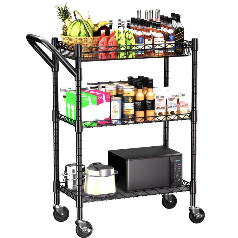 REGILLER 3 Tier Heavy Duty Rolling Utility Cart,18" D x 23.8" W x 36.6" H Rolling Carts with Wheels,Commercial Grade Metal with Handle Bar & Shelf Liner,Trolley Serving Storage Cart for Kitchen Black - Image 1