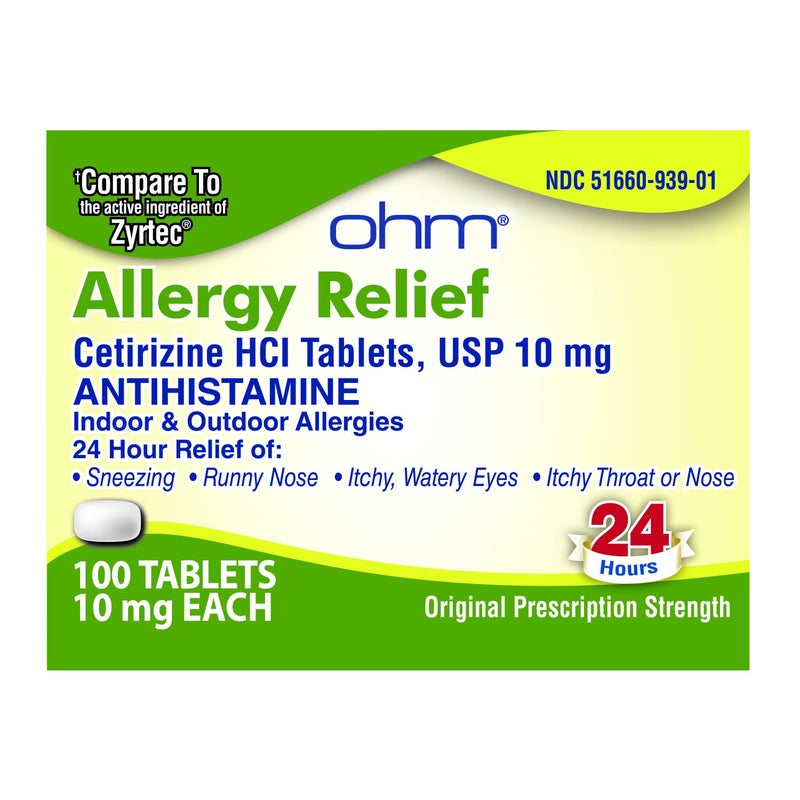 Ohm 24-Hour Allergy Medicine (100-Count) Antihistamine for Pollen, Hay Fever, Dry, Itchy Eyes, Allergies | Cetirizine HCl 10mg Tablets - Image 1