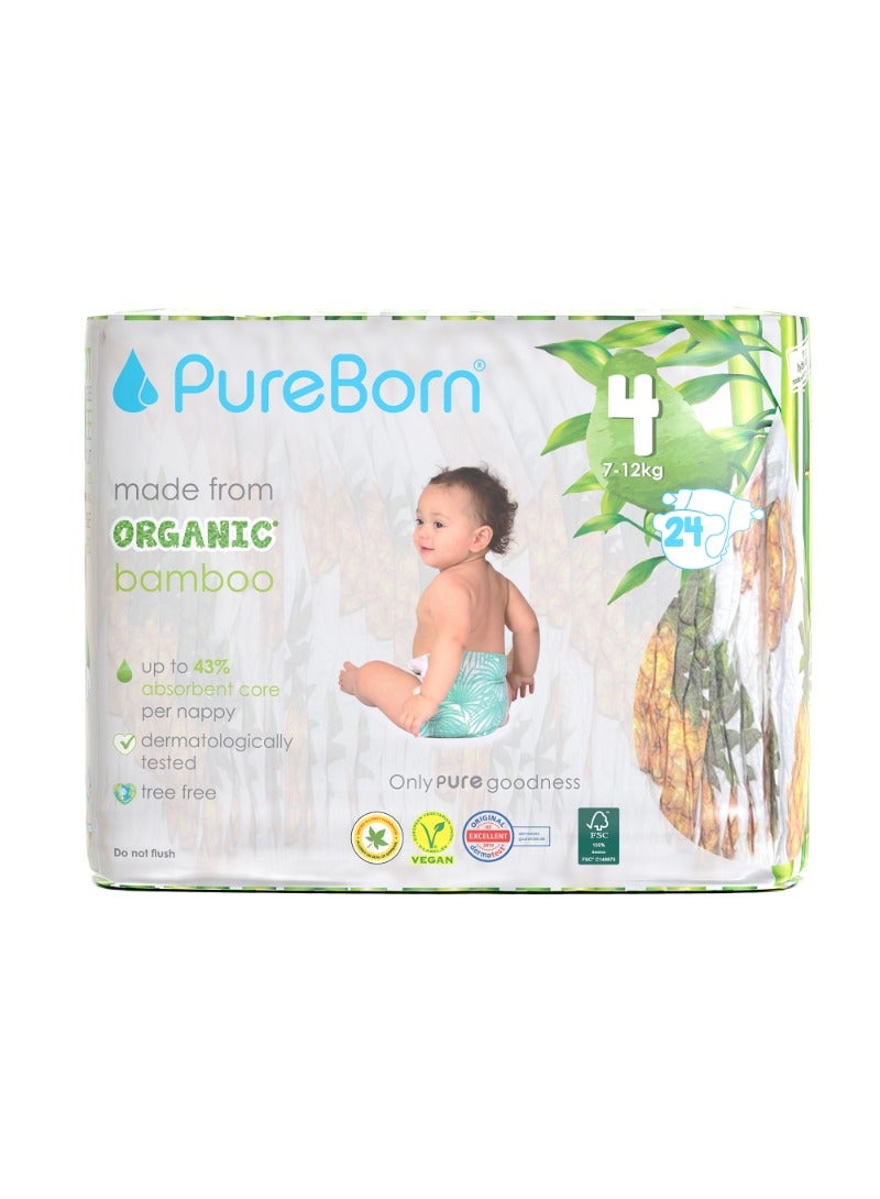 PureBorn Eco-Friendly Bamboo Nappies Pineapple Print Size 4 7-12kg With Wetness Indicator 24 Diapers - Image 1