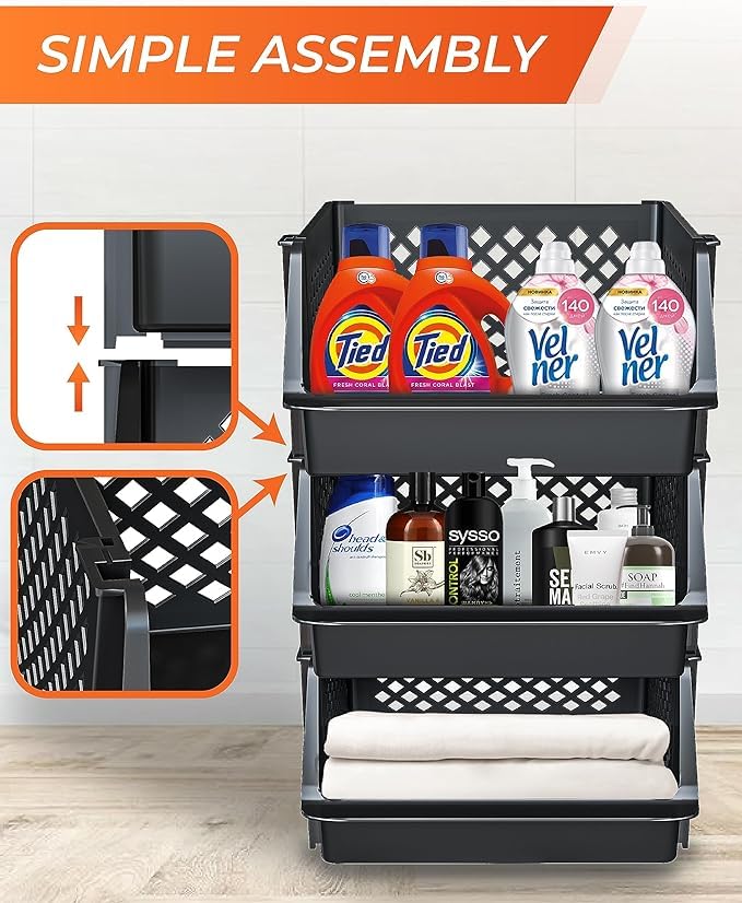 Skywin TidyFriend Plastic Stackable Bins for Pantry, 6 Pack Large Stacking Bins Open Front Kitchen, and Bathroom Organization, Open Front Design (Black) - Image 3