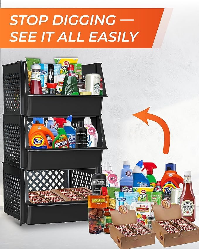 Skywin TidyFriend Plastic Stackable Bins for Pantry, 6 Pack Large Stacking Bins Open Front Kitchen, and Bathroom Organization, Open Front Design (Black) - Image 4